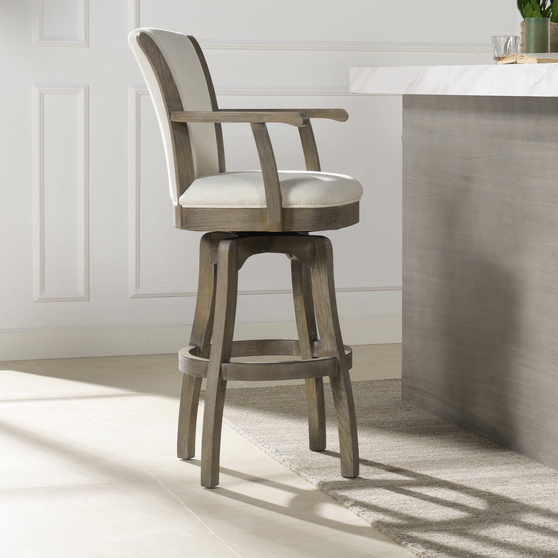 Williams 31In Swivel Bar Stool With Armrests, Natural White Linen White Foam Linen