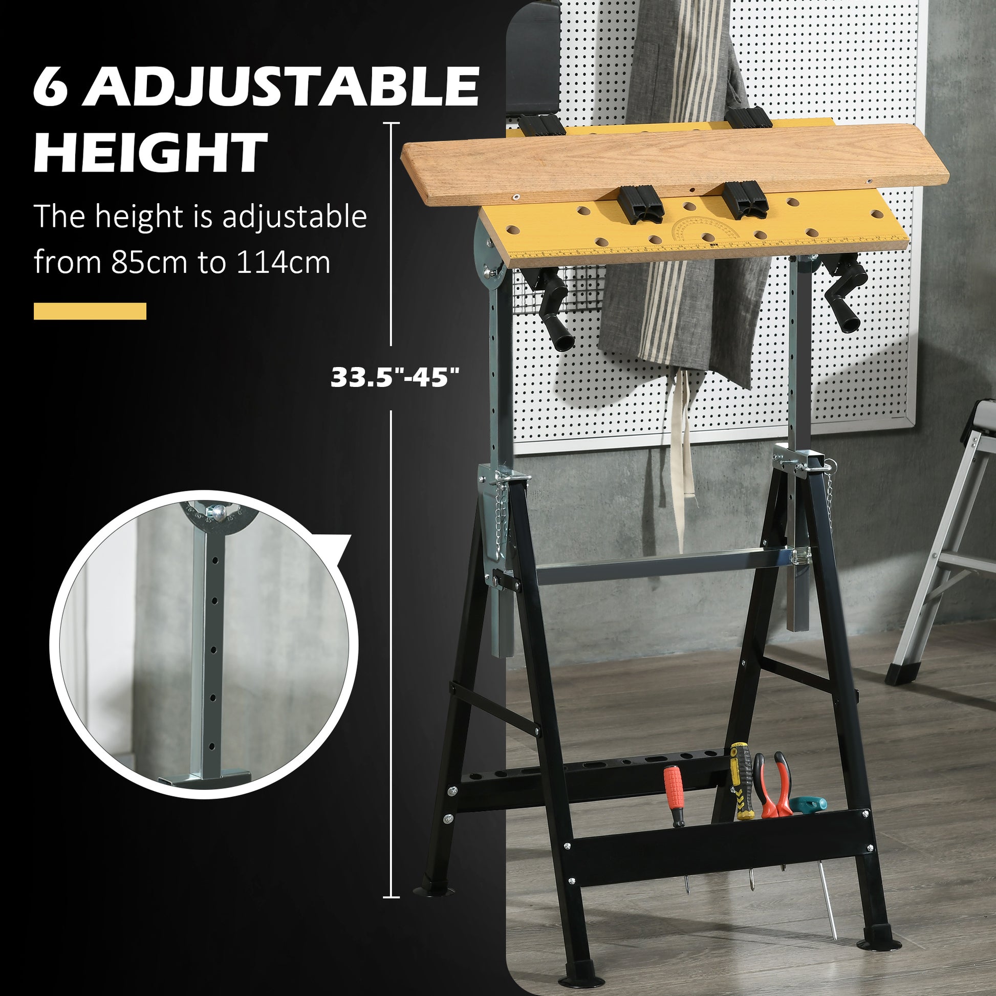 Homcom Work Bench Tool Stand With Adjustable Height And Angle, Carpenter Saw Table With 4 Clamps, Steel Frame, 220Lbs Capacity Natural Wood Mdf Iron