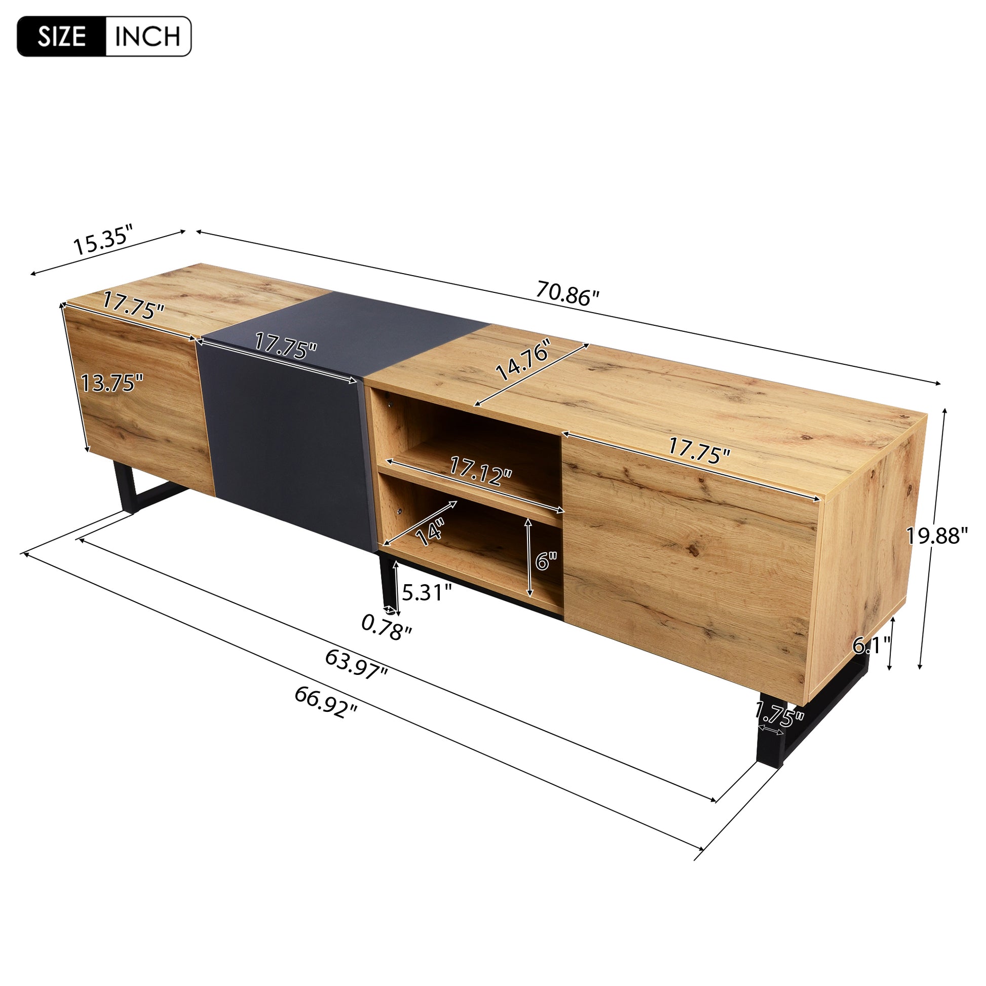 Modern Tv With 3 Cabinets& Open Shelves, Color Matching Media Console Table For Tvs Up To 80'', Entertainment Center With Drop Down Door For Living Room, Bedroom, Home Theatre Wood Brown Primary Living Space 70 79 Inches 70 79 Inches 70 Inches Particle