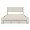 Queen Size Upholstered Platform Bed With A Big Drawer, Beige Box Spring Not Required Queen Beige Wood Bedroom Bed Frame Polyester Upholstered