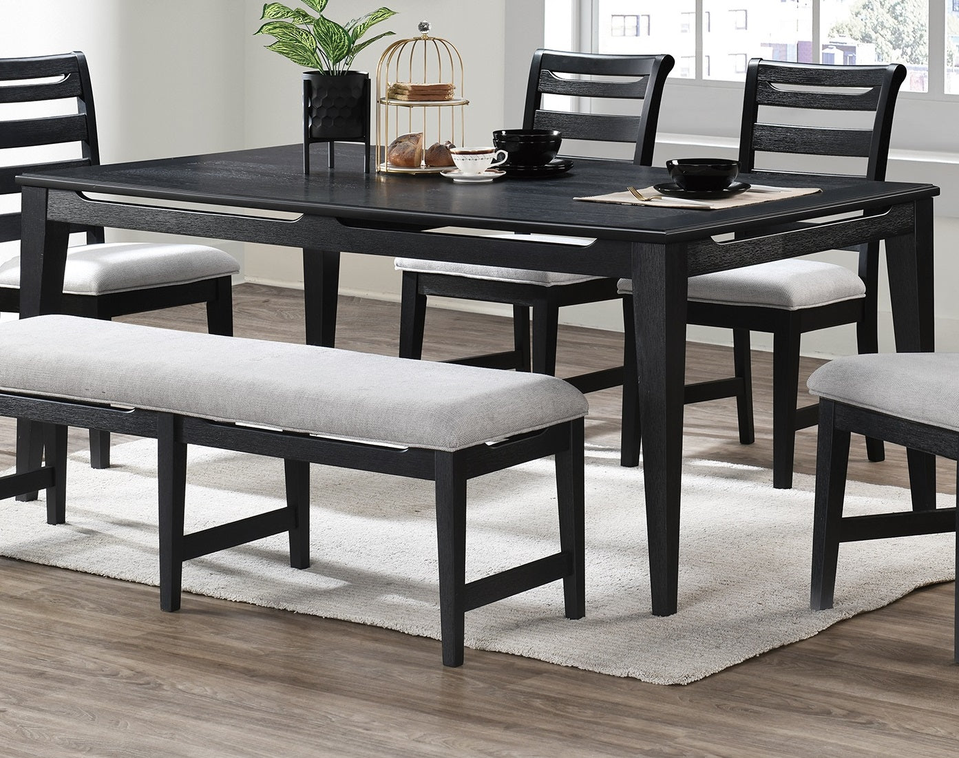 Black Color 6Pc Dining Set Table And 4X Side Chairs 1X Bench Upholstered Fabric Cushion Seats Solid Wood Dining Room Furniture Wood Dining Room Solid Wood Rubberwood Rectangular Dining Table With Chair And Bench Upholstered Chair Wood Black Ladder Back