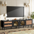 Rattan Tv Stand With 3 Cabinets & 2 Drawers, Rattan Inspired Media Console Table For Tvs Up To 80'', Led Light Entertainment Center, Tv Cabinet For Living Room, Bedroom, Home Theatre Black Primary