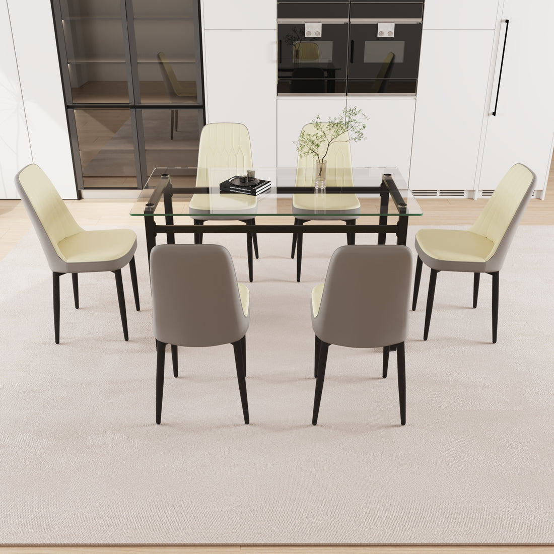 51" 6 Person Glass Dining Table Set, Kitchen Set With Black Metal Leg Dining Table And Chairs, Modern Rectangular Tempered Glass Tabletop And Dining Room Thick Cushioned Pu Dining Chairs Beige Black