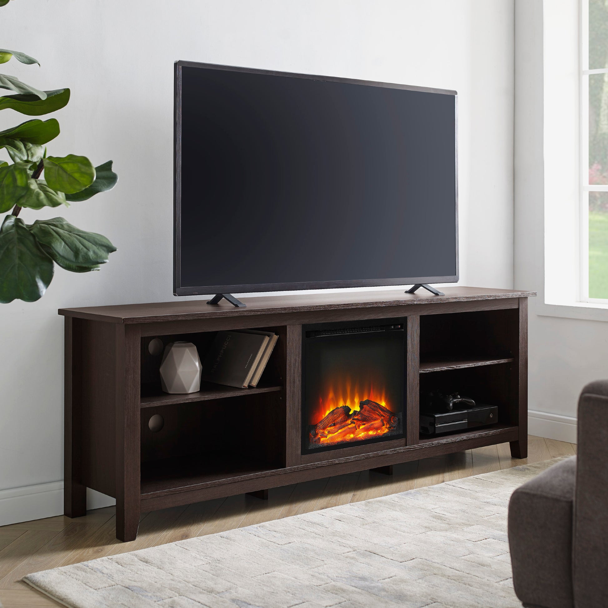 Modern Transitional Wood 70" Fireplace Tv Stand For 80" Tvs With 2 Shelves Espresso Espresso Mdf