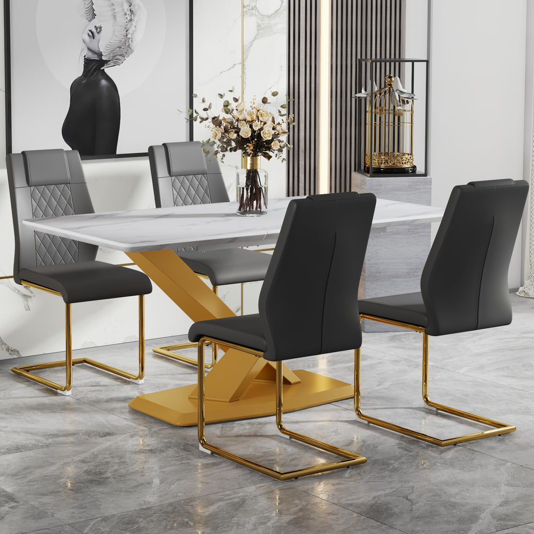 Table And Chair Set, The Table Is Equipped With A Marble Patterned Mdf Tabletop And Gold Table Legs.Dining Chairs,Gold Legged Upholstered Chairs Made Of Artificial Leather. Grey Gold Seats 4 Mdf