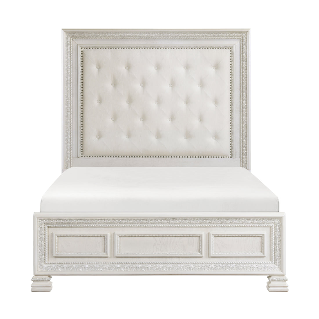 Classic Luxury Pearl White Finish Queen Bed Button Tufted Upholstered Headboard Bedroom Furniture 1Pc, Dart Molding Design Panels Box Spring Required Queen White Wood Bedroom Bed Frame Polyester