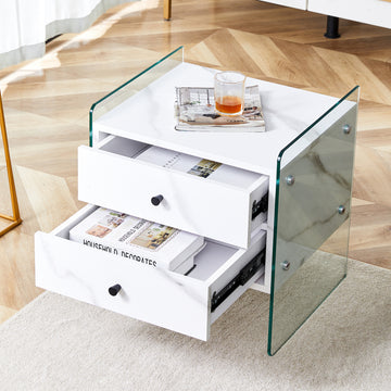 Double Drawer Bedside Table. The Board Surface Is Mdf Sticker, And Both Sides Are Transparent Tempered Glass. The Design Is Simple And Elegant, With Excellent Storage Functions. White Mdf