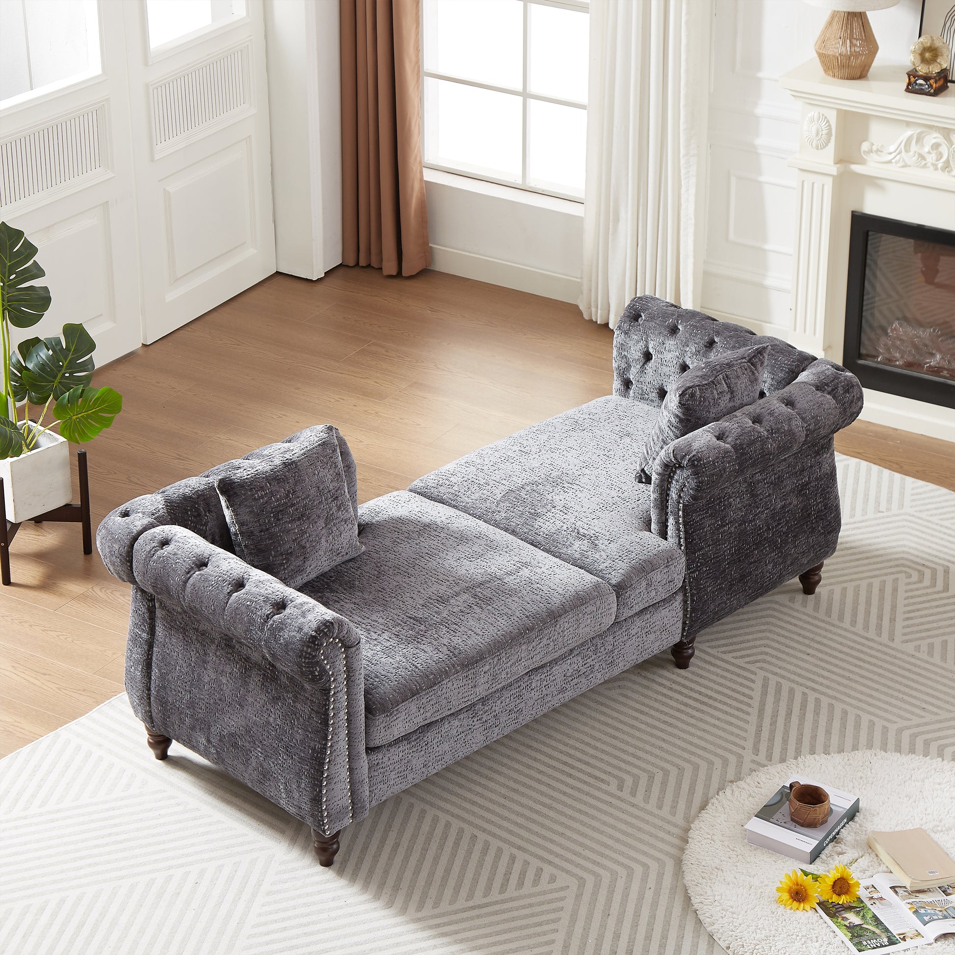 81 Inch Chenille Face To Face Chaise Lounge With Two Pillows,Nailhead Trim,Button Tufted Design And Rolled Arms For Lounge, Living Room And Office Grey Chenille 1 Seat