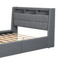 Queen Size Upholstered Platform Bed With Storage Headboard, Led, Usb Charging And 4 Drawers, Gray Queen Box Spring Not Required Gray Wood Linen Upholstered