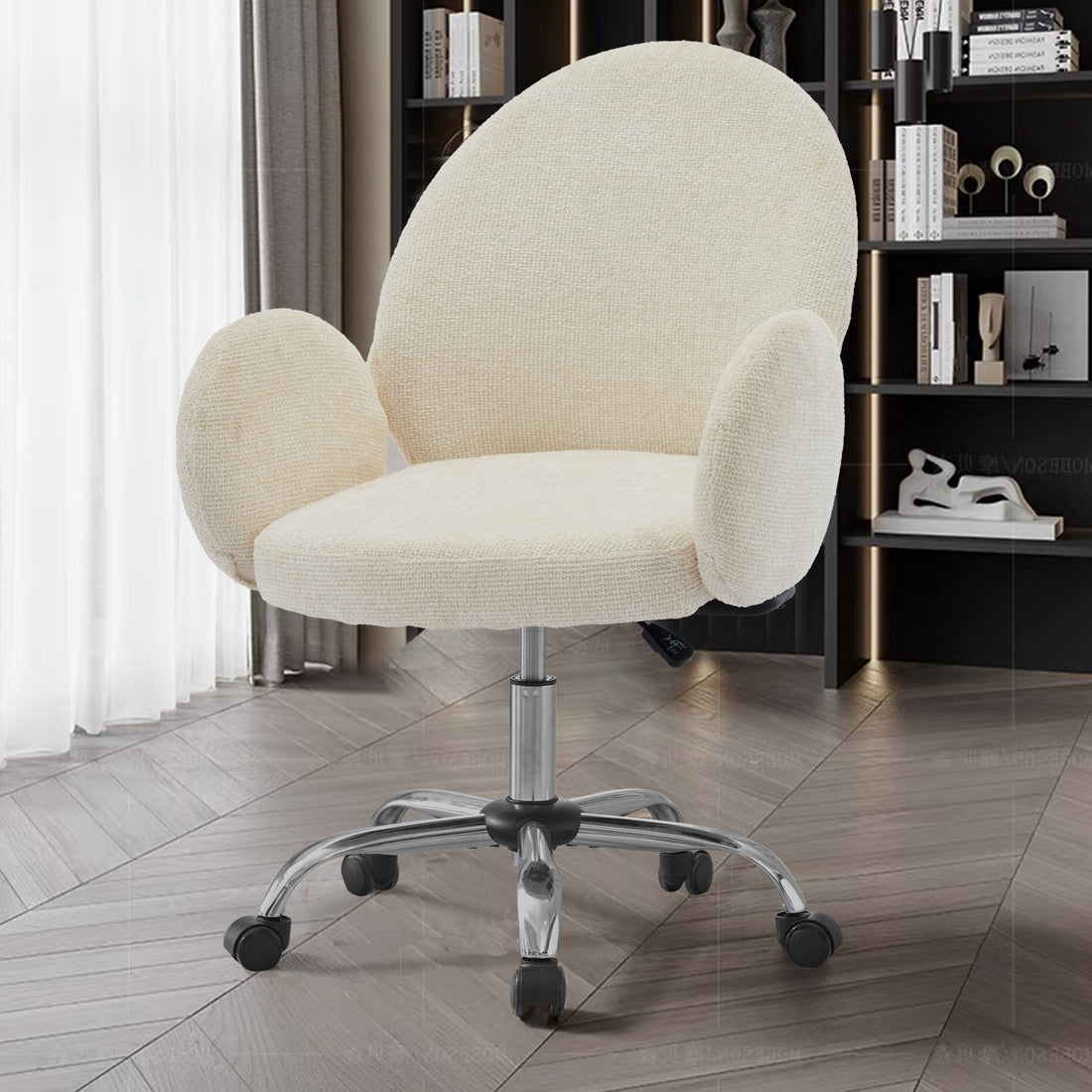 Ytt Rotating Office Chair With High Backrest Armrest, Wide Seat Round Armrest Office Chair With Wheels, Suitable For Living Room, Bedroom, Lounge, Home Office Beige Linen