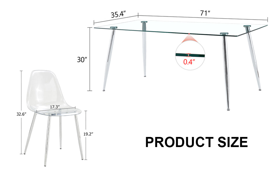 Table And Chair Set.Modern Rectangular Glass Dining Table With Tempered Glass Countertop And Silver Metal Legs, Paired With Multiple Transparent High Quality Pet Dining Chairs With Silver Legs. Silver Seats 8 Tempered Glass