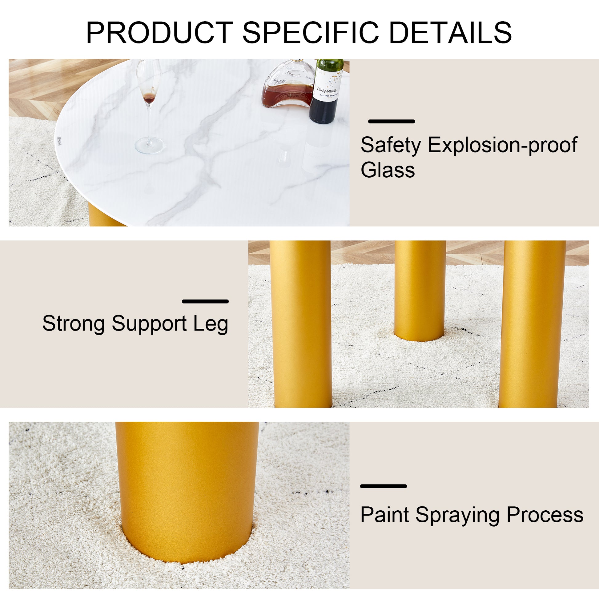 Table And Chair Set, Round Table With White Marble Pattern, Gold Mdf Table Legs, Soft And Comfortable Dining Chair, Suitable For Kitchen And Living Room White Seats 4 Mdf