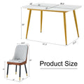 Table And Chair Set.A Morden Table With White Imitation Marble Patterned Stone Burning Tabletop With Golden Metal Legs.Paried With 4 Chairs With Pu Leather Backrest And Black Metal Legs. Grey Brown,White Gold Seats 4 Metal,Sintered Stone
