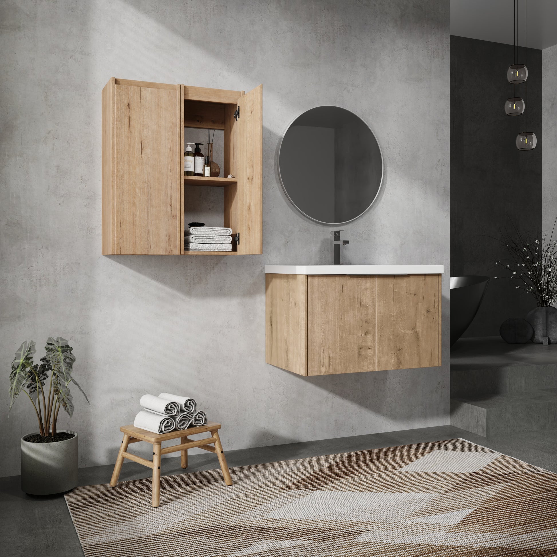 30" Wall Mounted Bathroom Vanity With Sink And Side Cabinet, Soft Close Doors,00112Imo X 2 00630Imo Combination Cabinet Kd Packing Imitative Oak Bathroom Modern Plywood Plywood