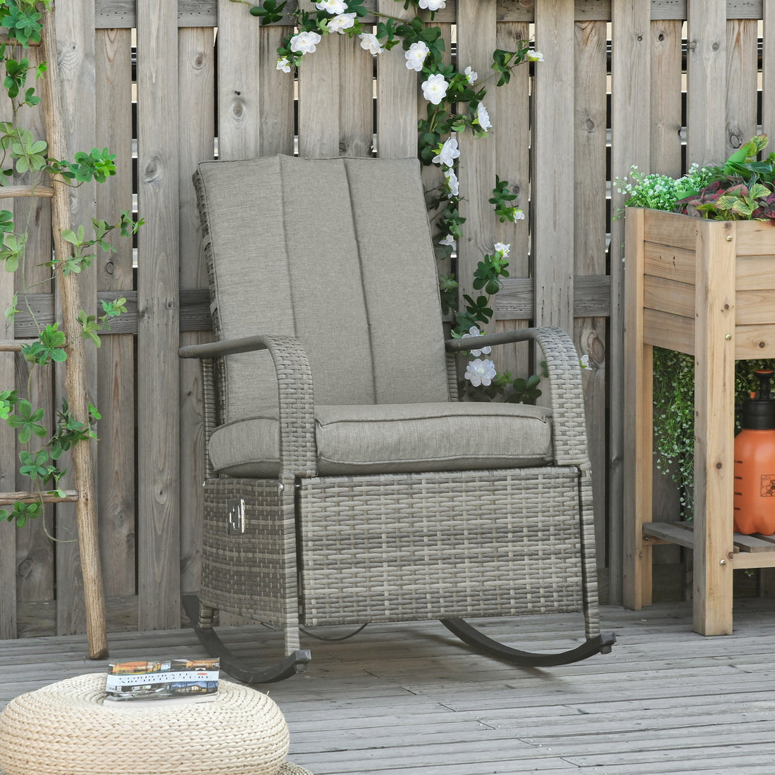 Outsunny Outdoor Rattan Rocking Chair Patio Recliner With Soft Cushions, Adjustable Footrest, Max. 135 Degree Backrest, Pe Wicker, Gray Gray Wicker