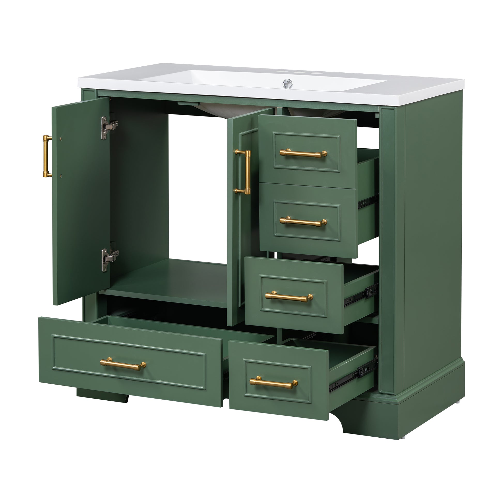 36 Inch Traditional Bathroom Vanity With Resin Sink Combo Set, Green Bathroom Cabinet With Two Doors And Four Drawers Green Bathroom Solid Wood Mdf Resin