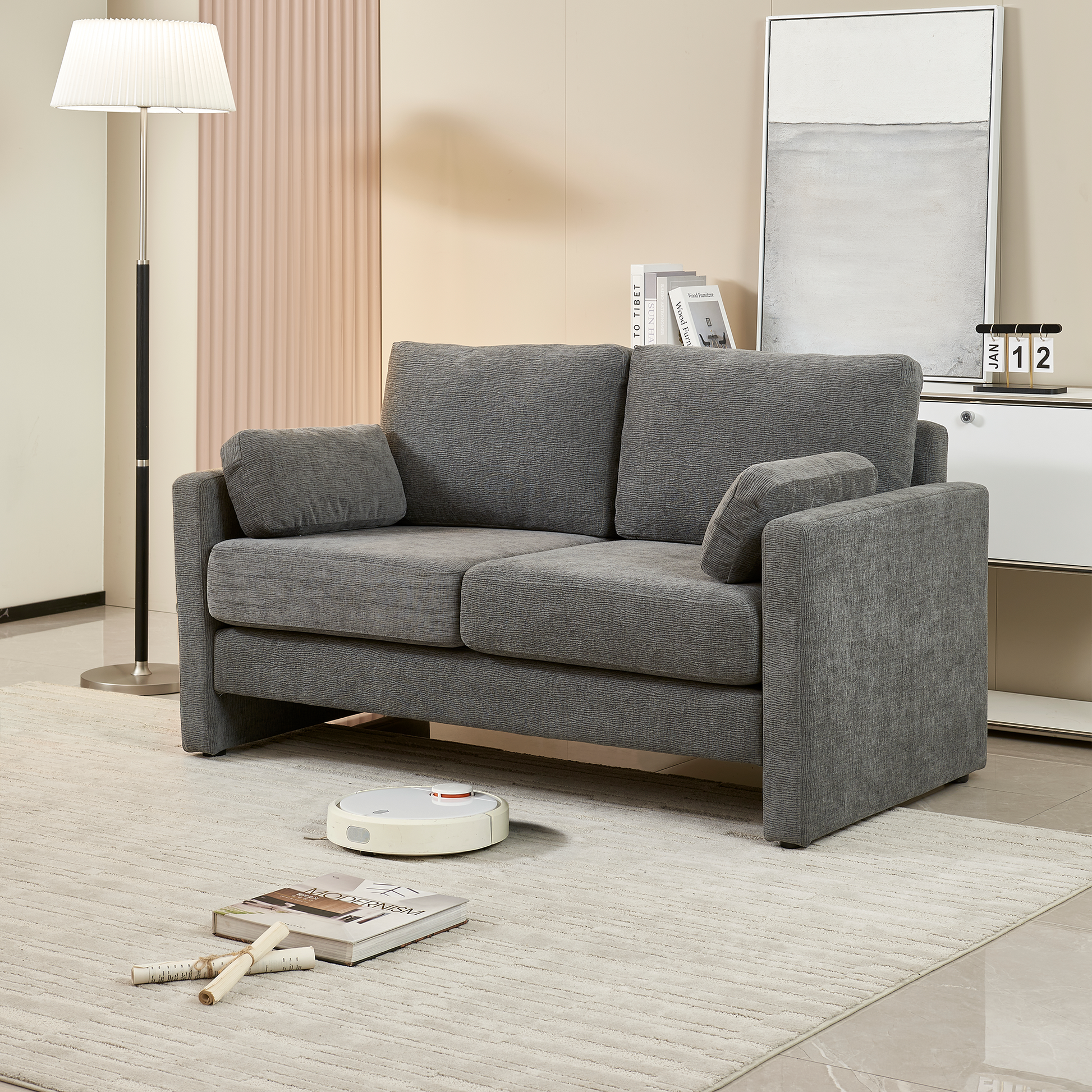 58.66" Small Modern Loveseat Sofa, Mid Century Chenille Fabric 2 Seat Couch Beautiful Seat With Back Cushions, Accent Sofa Couch For Living Room, Bedroom And Small Space Gray Wood Foam Chenille 2 Seat