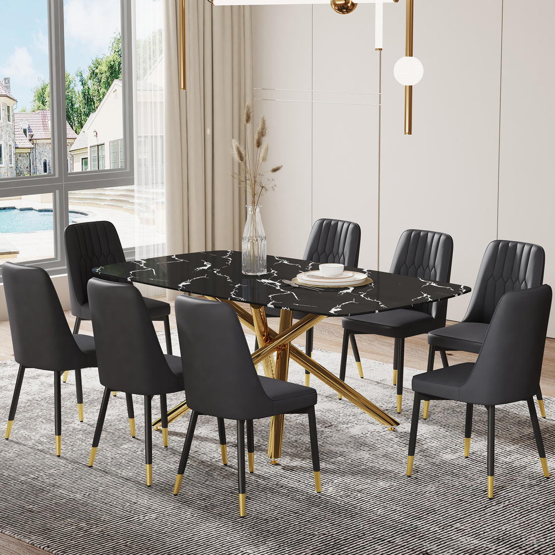 Large Modern Minimalist Rectangular Dining Table With 0.39 "Imitation Marble Black Tabletop And Golden Metal Legs, Paired With Chairs With Pu Cushions And Black Metal Legs. F 1537 C 007 Black Gold Glass Metal