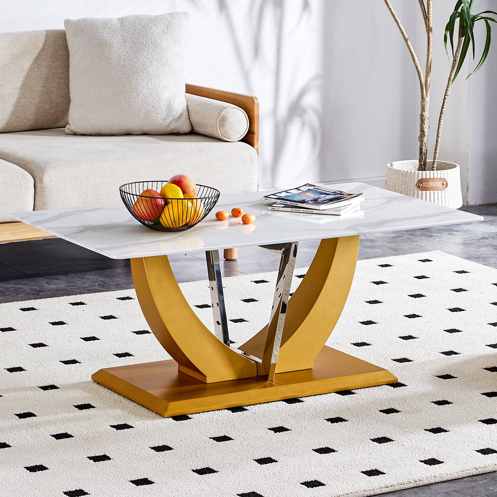 Coffee Table.Modern Minimalist Tempered Glass With Sticker Desktop ,Golden Mdf Legs And Stainless Steel Decorative Columns. Lightweight And Easy To Move. Ct 907 Golden Mdf Glass