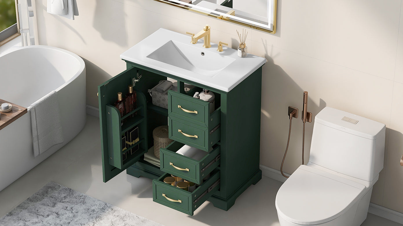 30" Bathroom Vanity With Sink, One Package, Green Bathroom Cabinet With Drawers, Solid Frame And Mdf Board Green Solid Wood Mdf