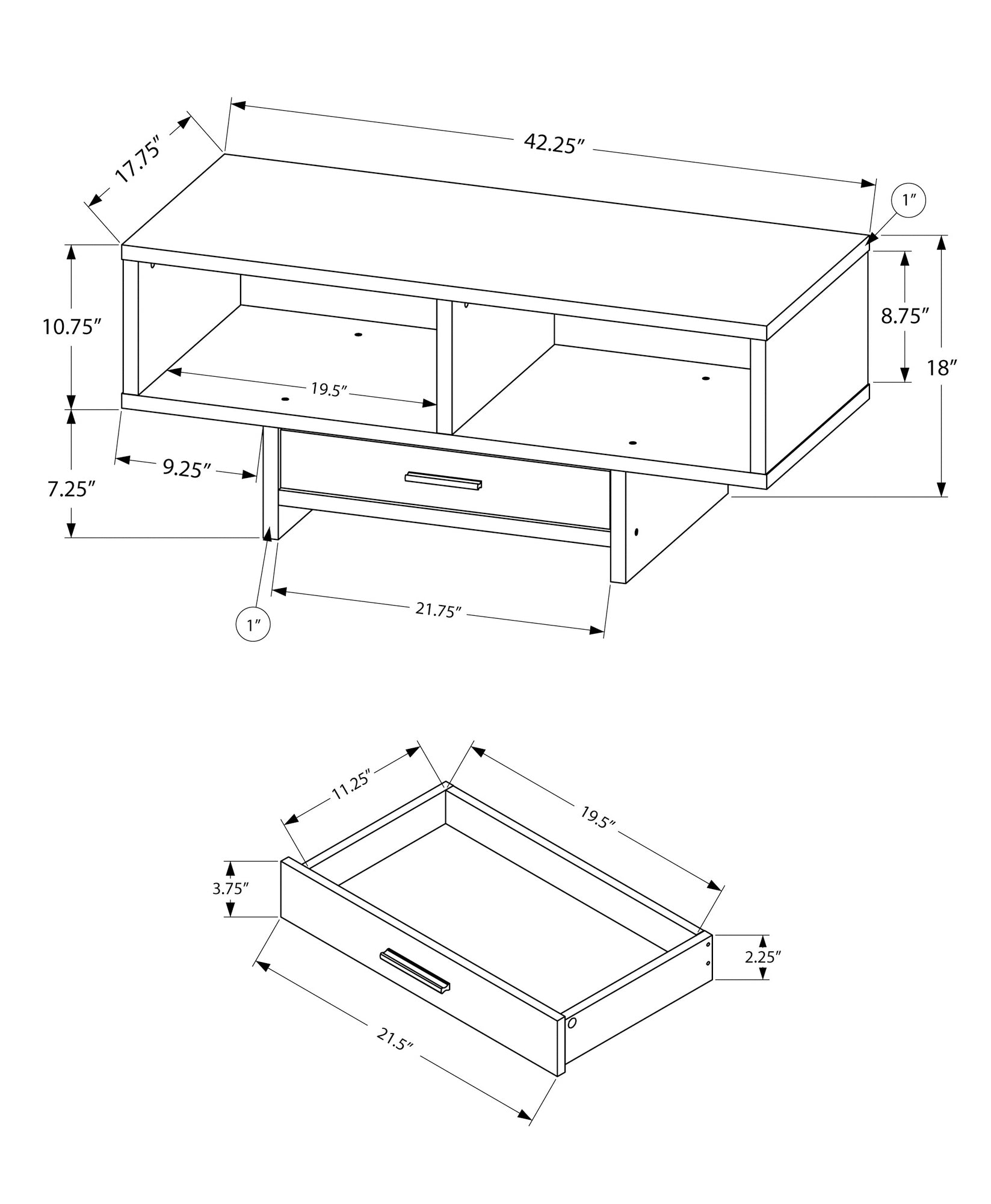 Coffee Table, Accent, Cocktail, Rectangular, Storage, Living Room, 42" L, Drawer, Black And Grey Laminate, Contemporary, Modern Black Particle Board