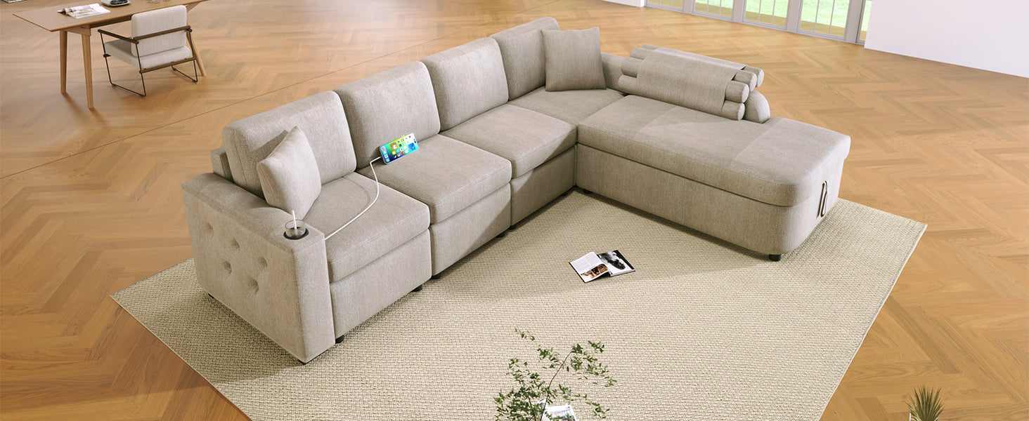 109.8"L Shaped Couch Sectional Sofa With Storage Chaise,Cup Holder And Usb Ports For Living Room, Beige Beige Foam Chenille 4 Seat