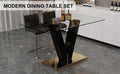 Table And Chair Set. A Rectangular Glass Dining Table With A 0.4 Inch Tempered Glass Tabletop And Mdf Board V Shaped Bracket, Paired With 2 Chairs Consisting Of Pu Seat Cushions And Silver Metal Legs. Black Seats 2 Tempered Glass
