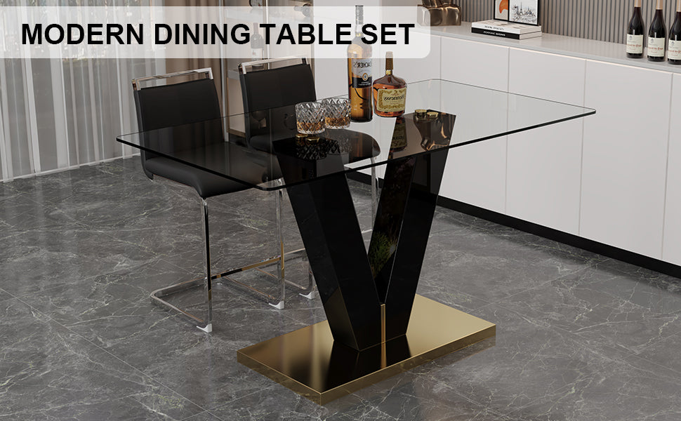 Table And Chair Set. A Rectangular Glass Dining Table With A 0.4 Inch Tempered Glass Tabletop And Mdf Board V Shaped Bracket, Paired With 2 Chairs Consisting Of Pu Seat Cushions And Silver Metal Legs. Black Seats 2 Tempered Glass