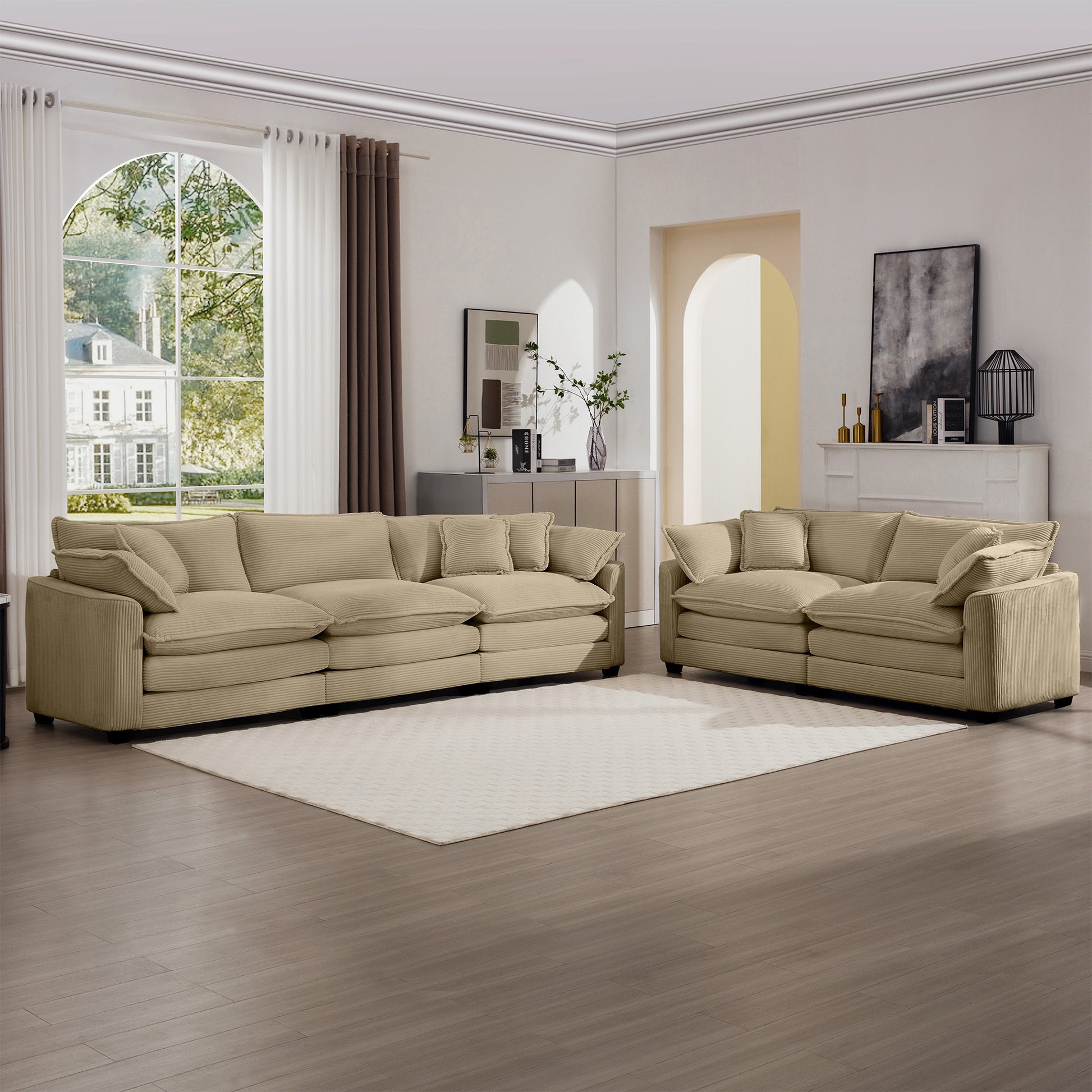 Modern Fabric Living Room Sofa Two Piece Set, Two 2 Seater Sofas With 8 Cushion Upholstery Large Deep Seat Recliner, Tan Corduroy Fabric Tan Corduroy 5 Seat