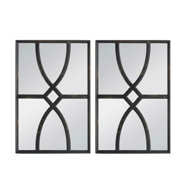 Tio 24 Inch Fir Wood Wall Mirror Set Of 2, Geometric Overlaid Design, Black Black Wood