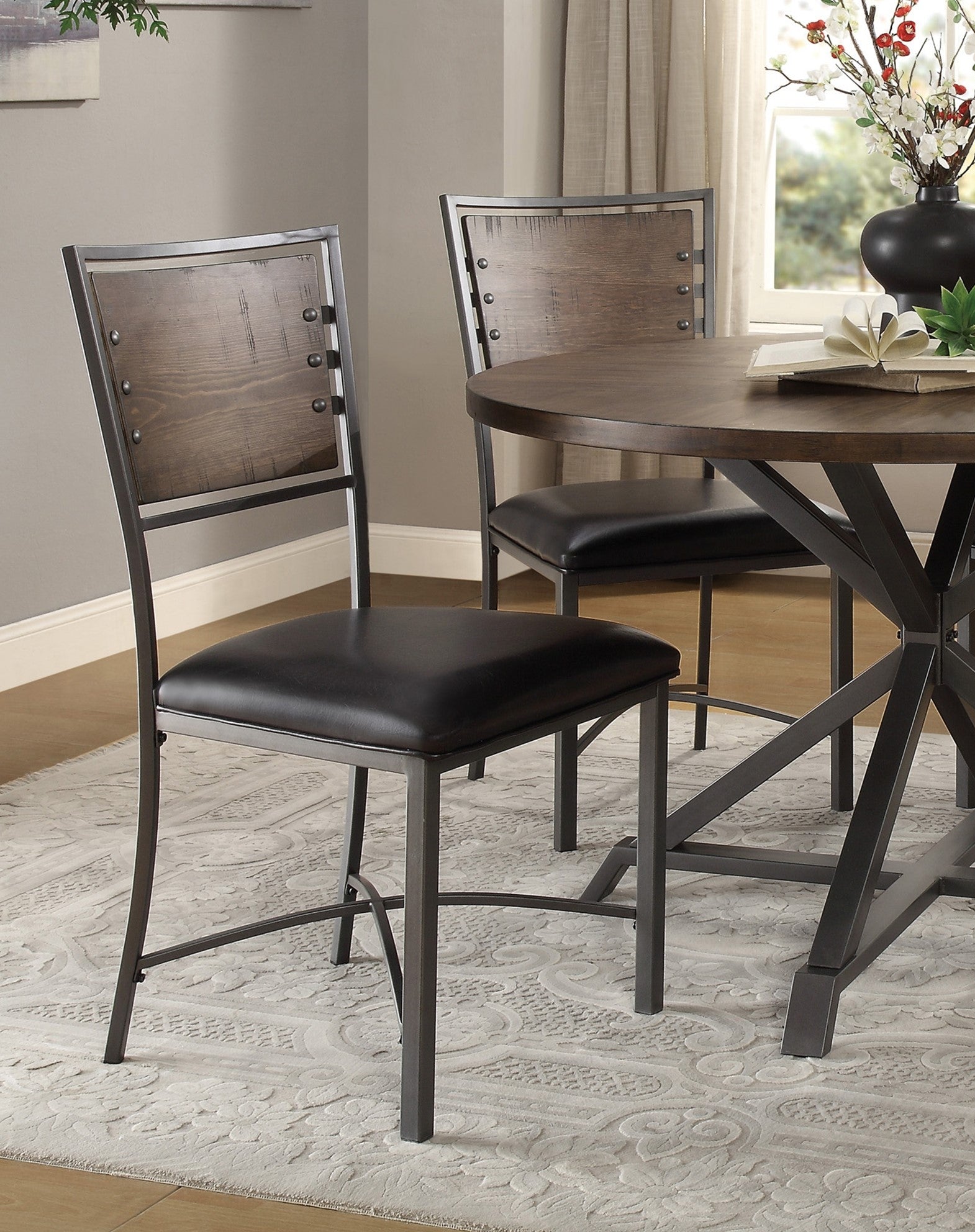 Industrial Style Metal Frame Chairs Set Of 2, Faux Leather Seat Burnished Brown Finish And Gray Metal Finish Rustic Style Dining Kitchen Furniture Brown Gray Dining Room Industrial,Rustic Metal