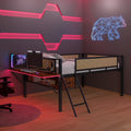 Single Metal Loft Bed With Rectangular Desk, Led Lights, Led Loft Bed Frame Double Bed With Storage Shelves And Hanging Storage Compartments, Safety Guard And Ladder, No Box Springs Required, Rattan G Full Black Brown Mdf Iron