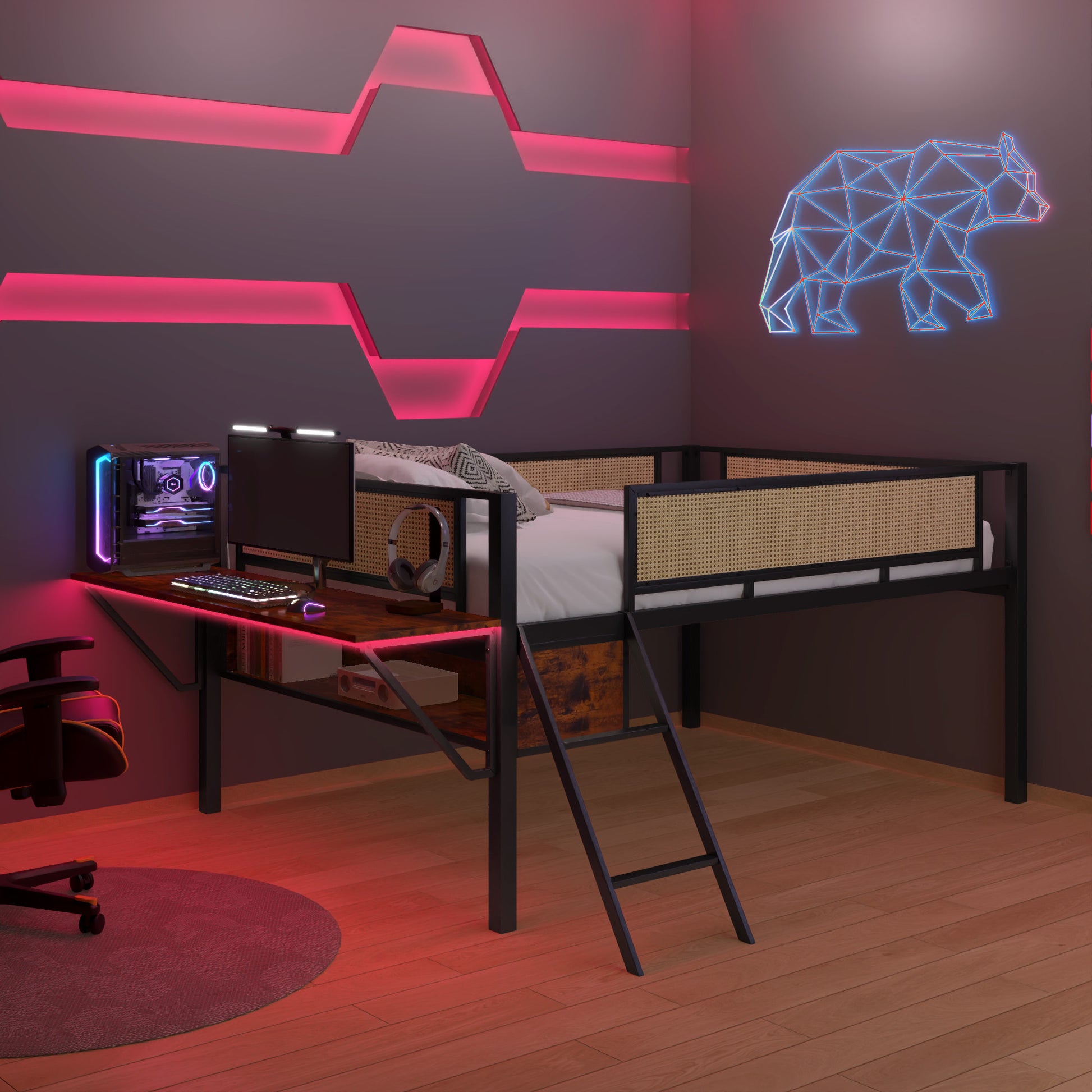 Single Metal Loft Bed With Rectangular Desk, Led Lights, Led Loft Bed Frame Double Bed With Storage Shelves And Hanging Storage Compartments, Safety Guard And Ladder, No Box Springs Required, Rattan G Full Black Brown Mdf Iron