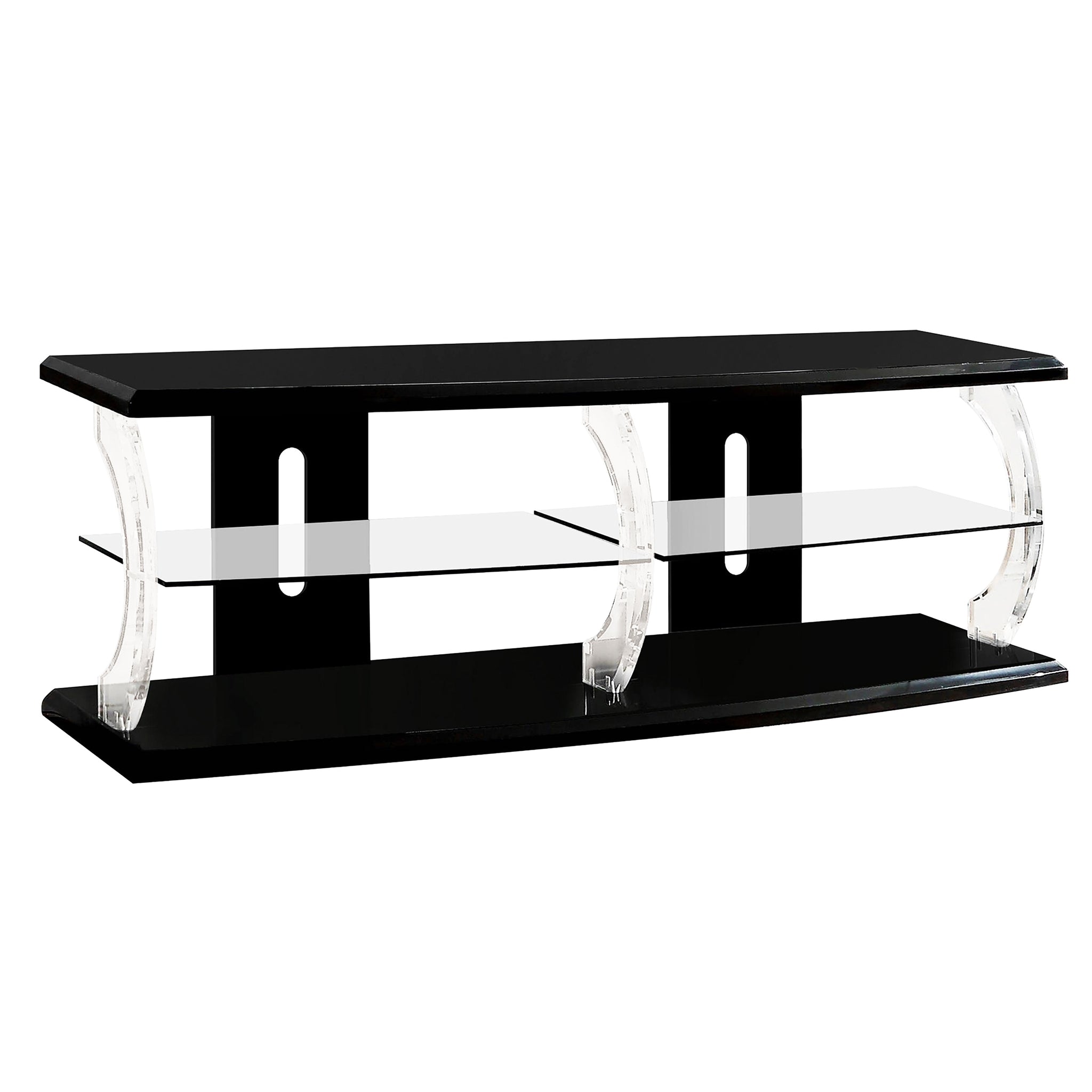 60 Inch Modern Tv Media Entertainment Center, Acrylic Posts, Glass, Black Black Wood