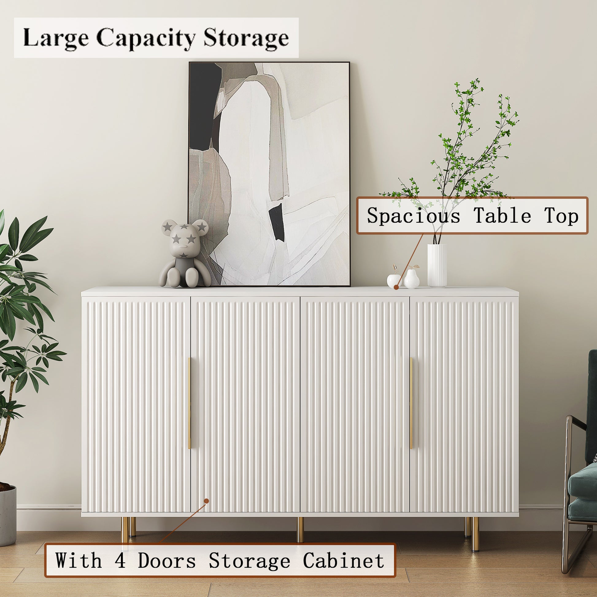 White Modern Buffet Cabinet With Storage, Fluted Sideboard Large Buffet With Adjustable Shelves, Credenza, Accent Cabinet Console Table White Mdf