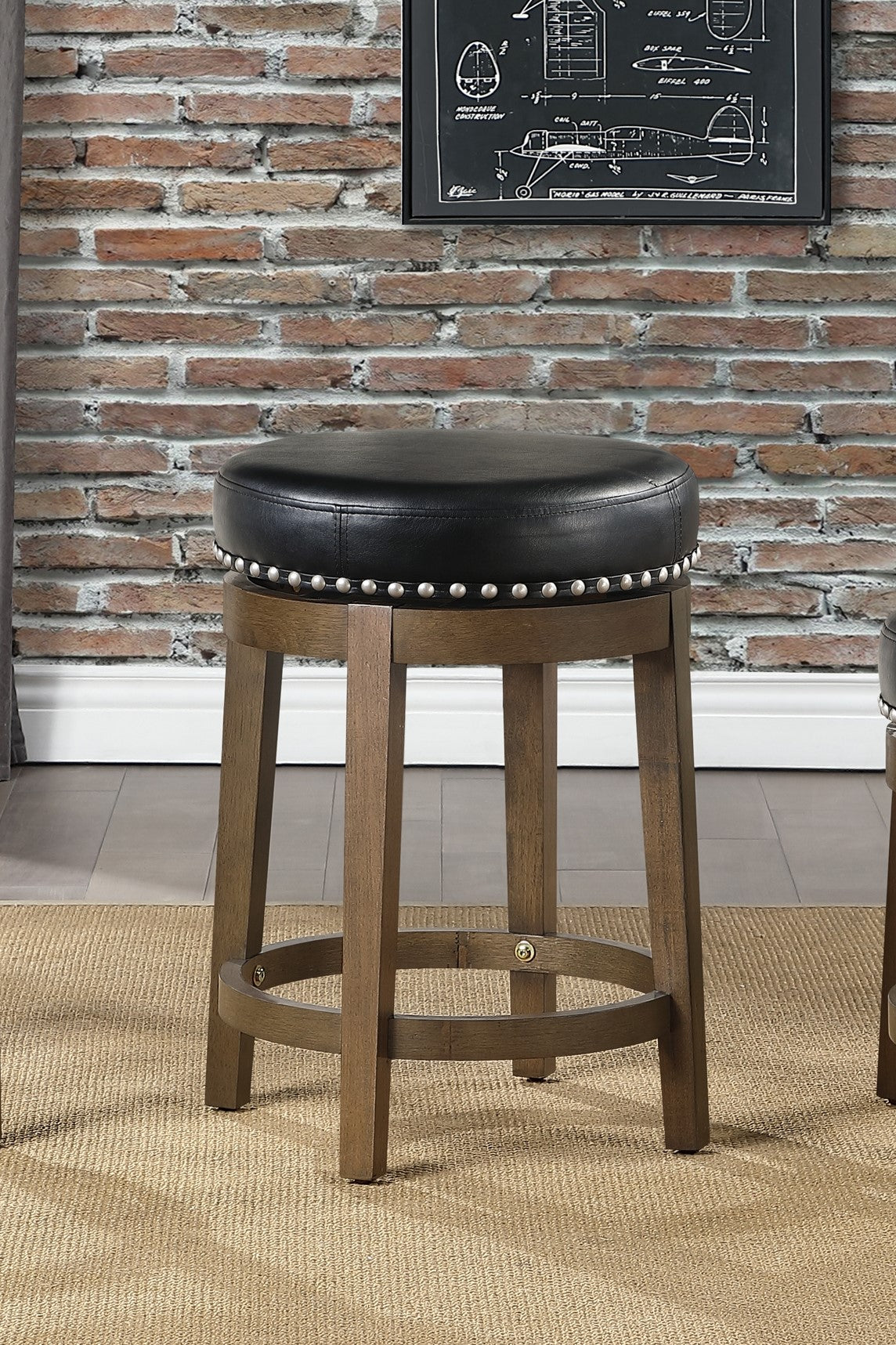 Round Swivel Counter Height Stool Set Of 2, Black Faux Leather 360 Degree Swivel Seat Trim Solid Wood Frame Brown Finish Transitional Style Furniture Brown Black Dining Room Round Solid Wood