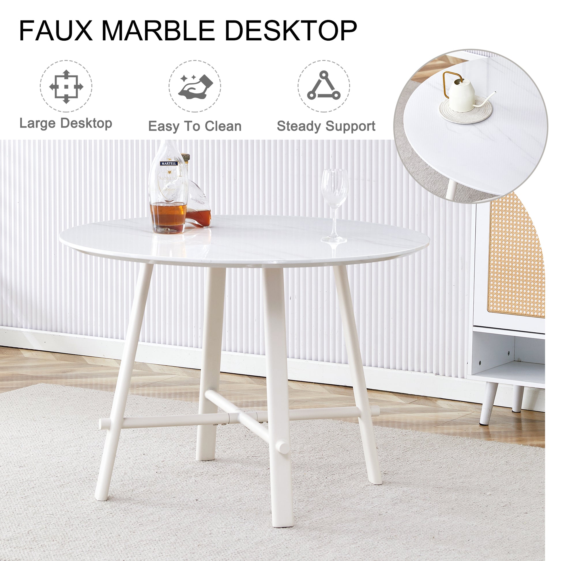Table And Chair Set, Mdf Desktop, White Metal Table Legs, Stable And Beautiful, Suitable For Most Styles Of Home. Modern Simple Dining Table, Comfortable Seating. White Seats 4 Mdf
