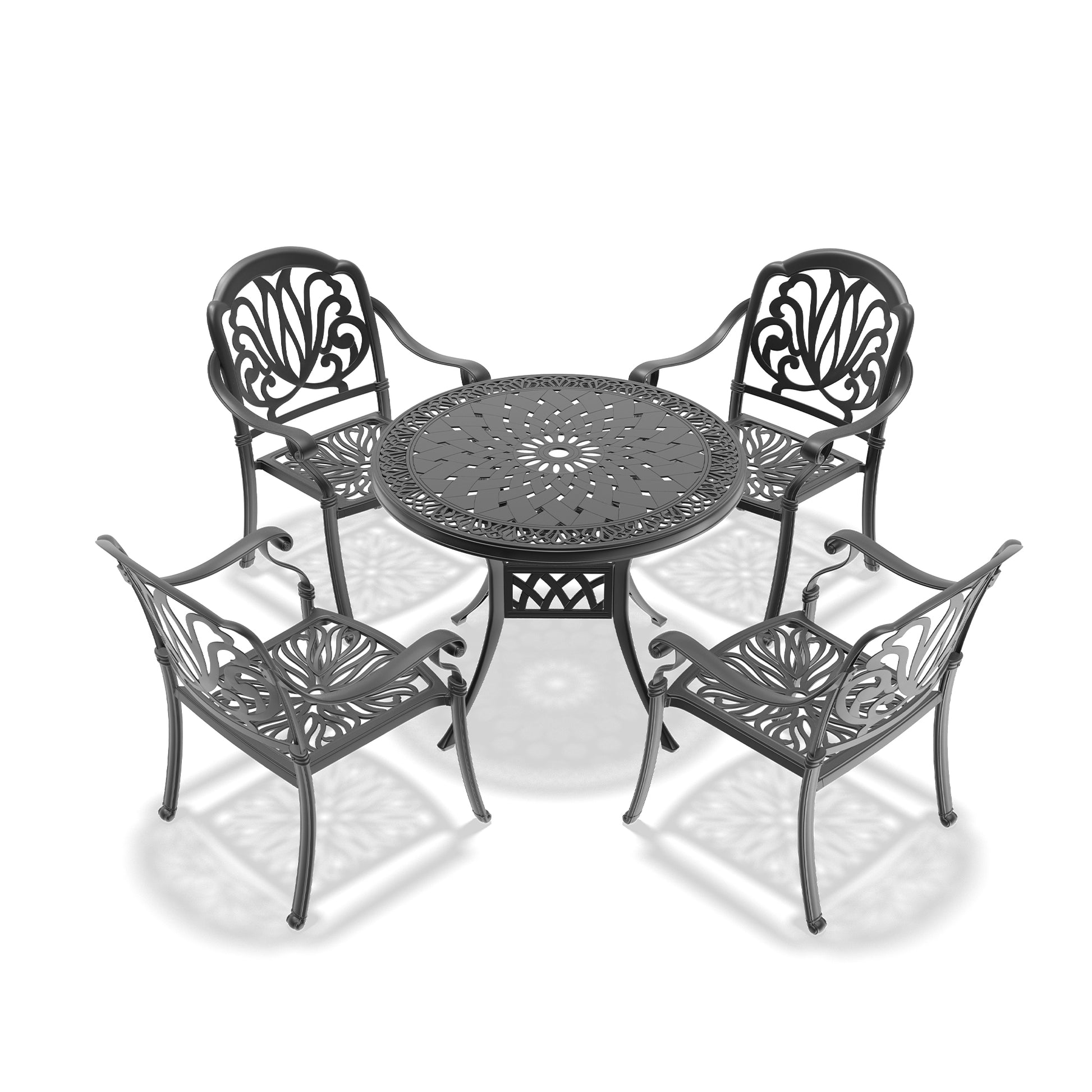 Cushions In Random Colors 5 Piece Set Of Cast Aluminum Patio Furniture With Cushions Yes Dining Set Black Seats 4 Rust Resistant Frame Water Resistant Cushion Garden & Outdoor Complete Patio Sets