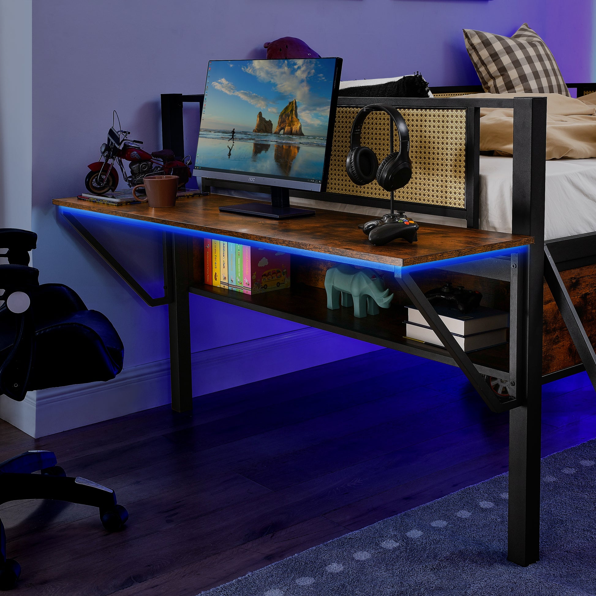 Single Metal Loft Bed With Rectangular Desk, Led Lights, Led Loft Bed Frame Double Bed With Storage Shelves And Hanging Storage Compartments, Safety Guard And Ladder, No Box Springs Required, Rattan G Full Black Brown Mdf Iron