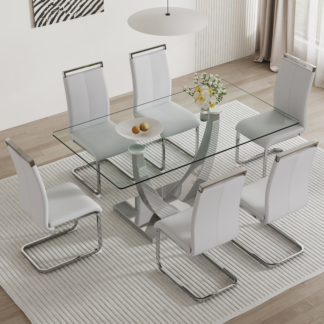 Table And Chair Set. Large Modern Rectangular Table With Glass Top And Silver Metal Legs. Furnished With Soft And Comfortable Pu Chairs With Faux Leather Upholstered Seats And Silver Metal Legs. Gray Silver Seats 6 Glass Metal