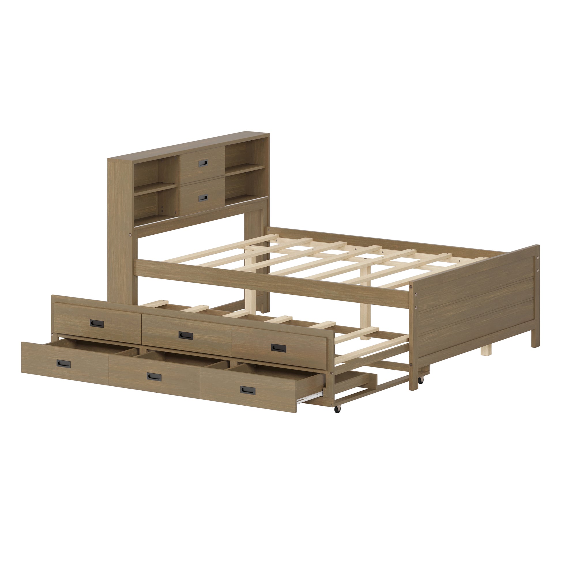 Full Size Captain Bed With Storage Bookcase Headboard,Captain Bed With Trundle And Three Storage Drawers For Kids Teens Dorm Bedroom Multipurpose Guest Room Or Home, Walnut Box Spring Not Required Full Walnut Wood Solid Wood Mdf