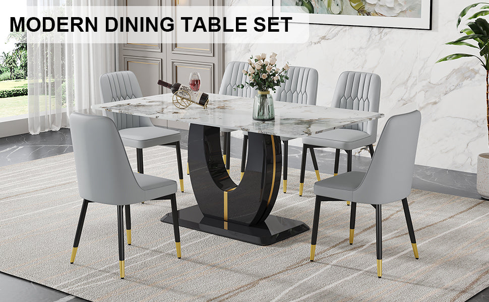 Table And Chair Set, Modern Dining Table, Patterned Table Top And Black Mdf Leg Table, Soft And Comfortable Dining Chair, Perfect For Dinner, Meetings, Home And Office Decor Grey Black Mdf Glass