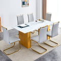 Table And Chair Set.Large Modern Rectangular Table With 0.4 Inch Patterned Glass Tabletop And Large Mdf Table Legs.Comes With 6 Chairs With Faux Leather Cushioned Seats And Golden Metal Legs. Gold White Seats 6 Mdf Glass