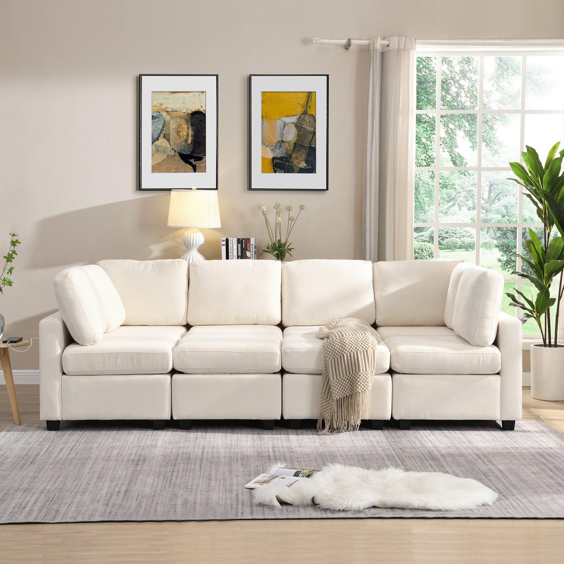 103" Sectional Sofa Couch Sofa Bed U Shaped Sofa With Two Movable Ottoman And Three Usb Ports For Living Room, Beige Beige Foam Chenille 6 Seat