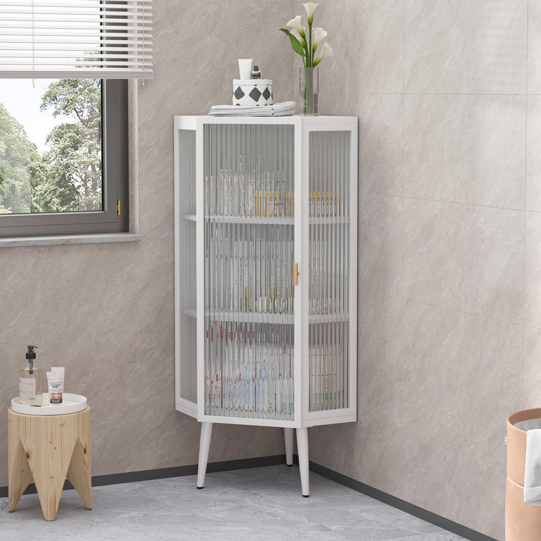 22.25'' Floor Coner Cabinet,Three Tiers With Tempered Glass Doors And Storage Shelves For Bathroom, Living Room And Bedroom White White Glass Metal