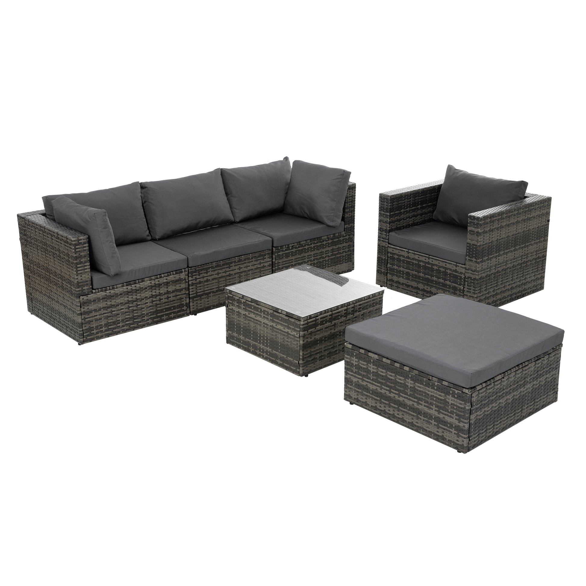 Patio Furniture, Outdoor Furniture, Seasonal Pe Wicker Furniture, 6 Set Wicker Furniture With Tempered Glass Coffee Table Dark Gray Seats 4 Pe Rattan Iron Waterproof Fabric