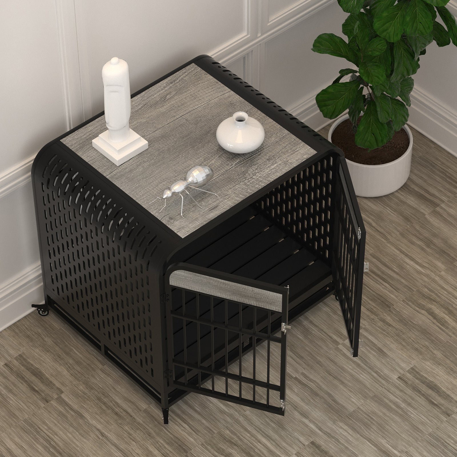 Heavy Duty Dog Crate Furniture Wooden Table Pet Dog Cage Kennel House Indoor Side End Table Decor With Removable Trays And Lockable Wheels For Medium And Large Dogs 42" Grey Grey Outdoor Kennel Large 41 70 Lbs Mdf Steel