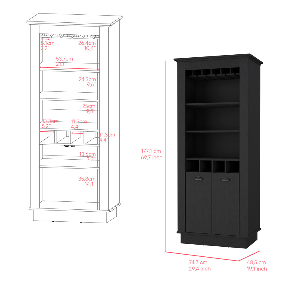 Lafayette Bar Cabinet With 4 Bottle Rack, Upper Glass Holder And Dual Door Design Black Primary Living Space Modern Shelves Included Particle Board