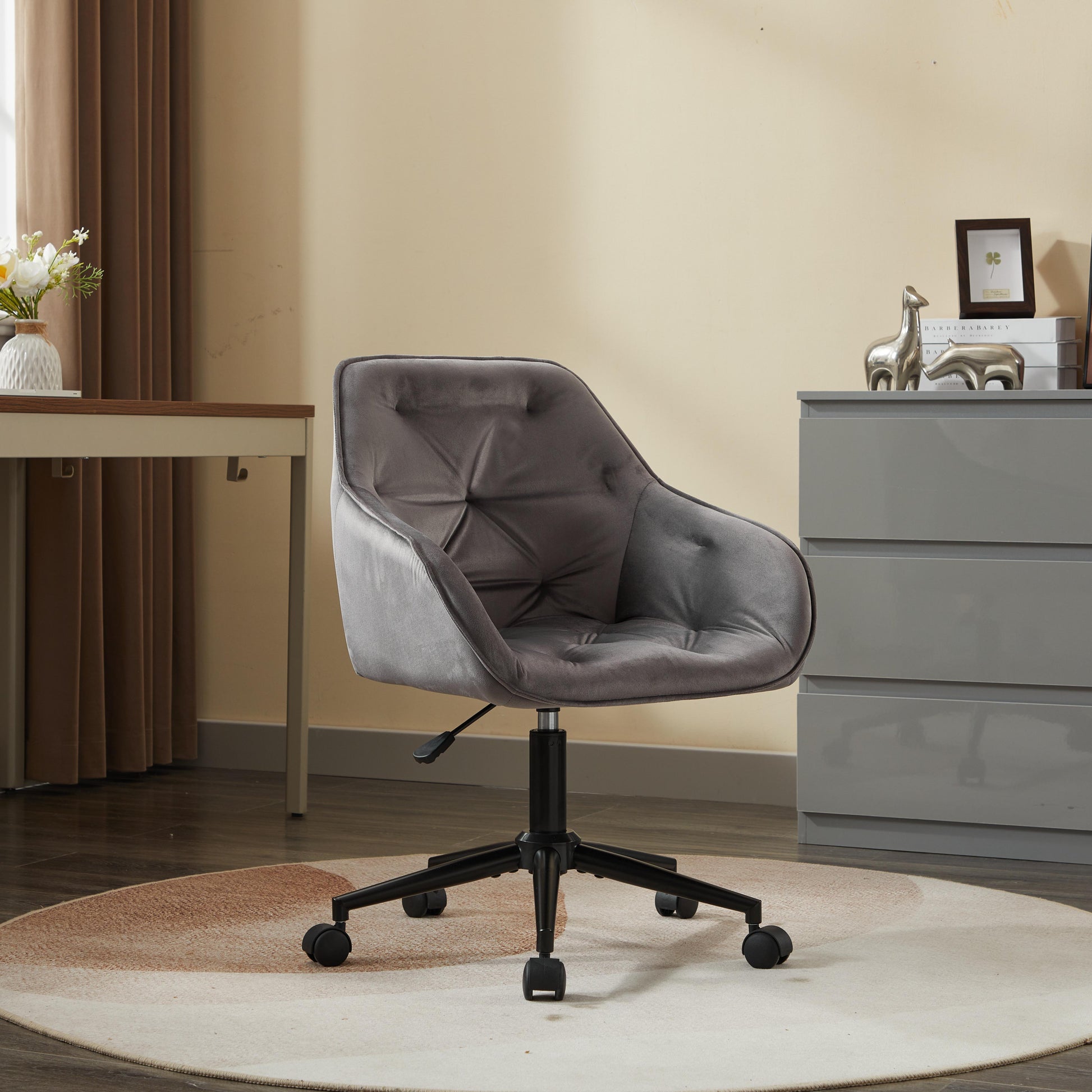 Velvet Home Office Chair, Modern Home Desk Chair With Wheelsvanity Chairs For Living Room, Bedroom,Study Room,Computer Chair Grey Fiber Foam And Polyester Fiber Pad Iron