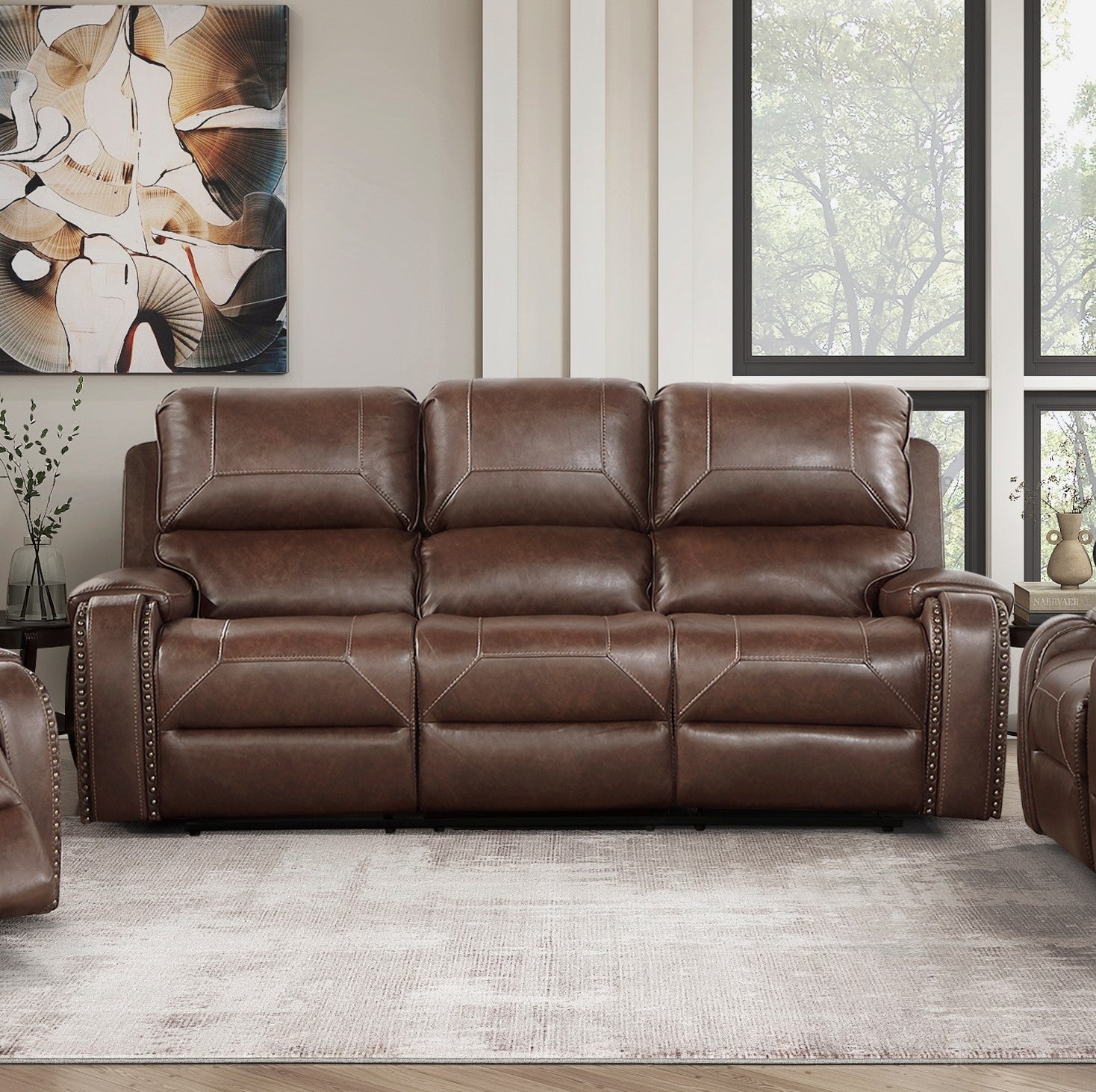 Comfortable Reclining Sofa 3Pc Set Brown Faux Leather Upholstered Reclining Sofa Loveseat Swivel Reclining Chair Trim, Power Usb Ports, Cupholders, Modern Living Room Furniture Brown Faux Leather Wood Primary Living Space Modern Plywood,Solid Wood 6 Seat